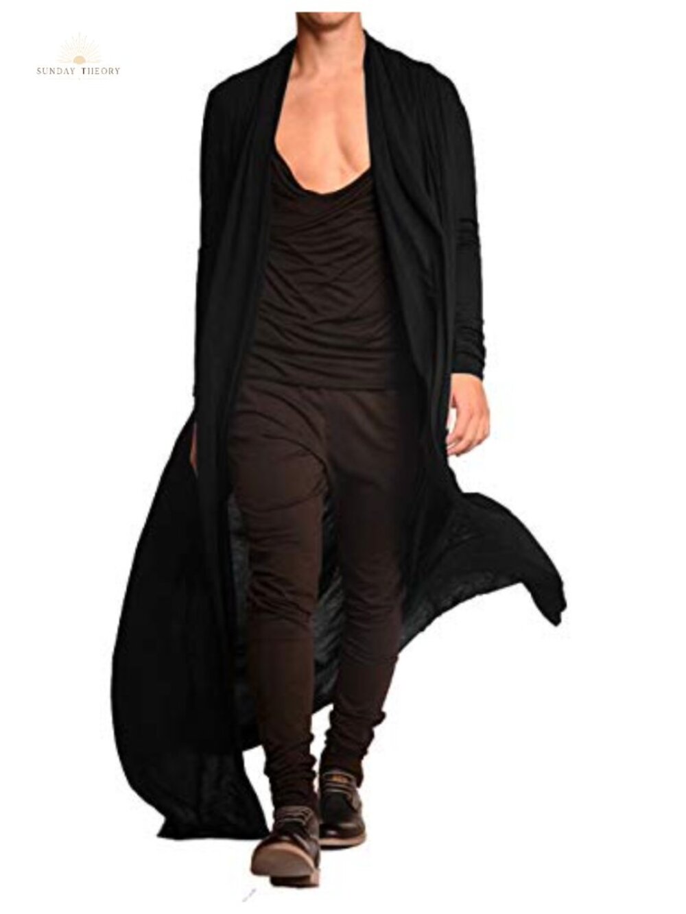 Men's Lightweight Ruffle Shawl Collar Open Front Long Drape Cape Cardigan